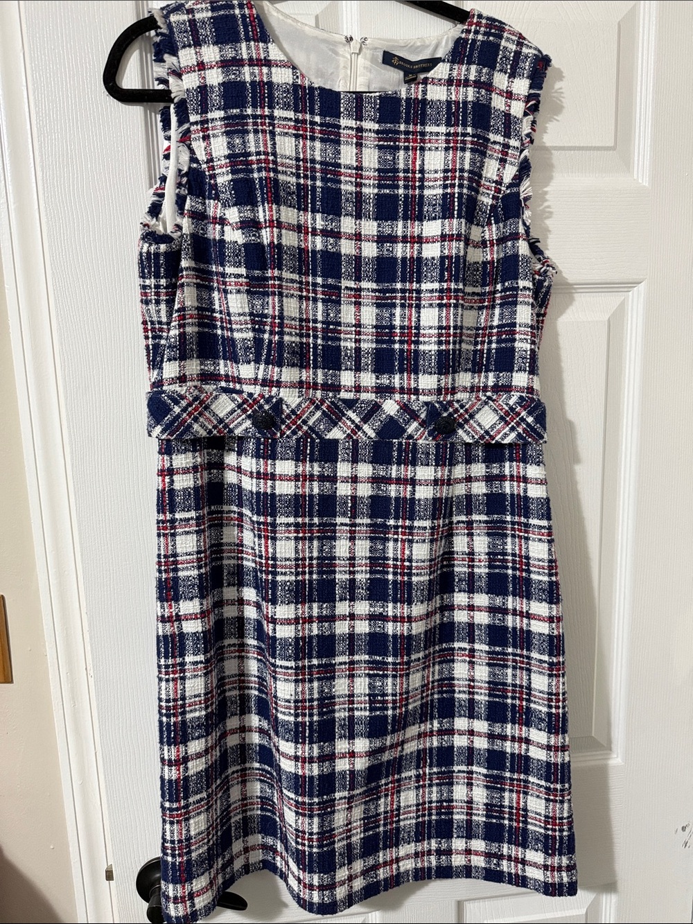 Brooks Brothers Plaid Sleeveless Tweed Shift dress in Navy, White & Red Size 16